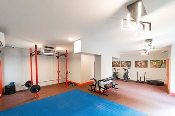 a gym with a blue rug and weights on the floor at Encore 99, CT, 06512